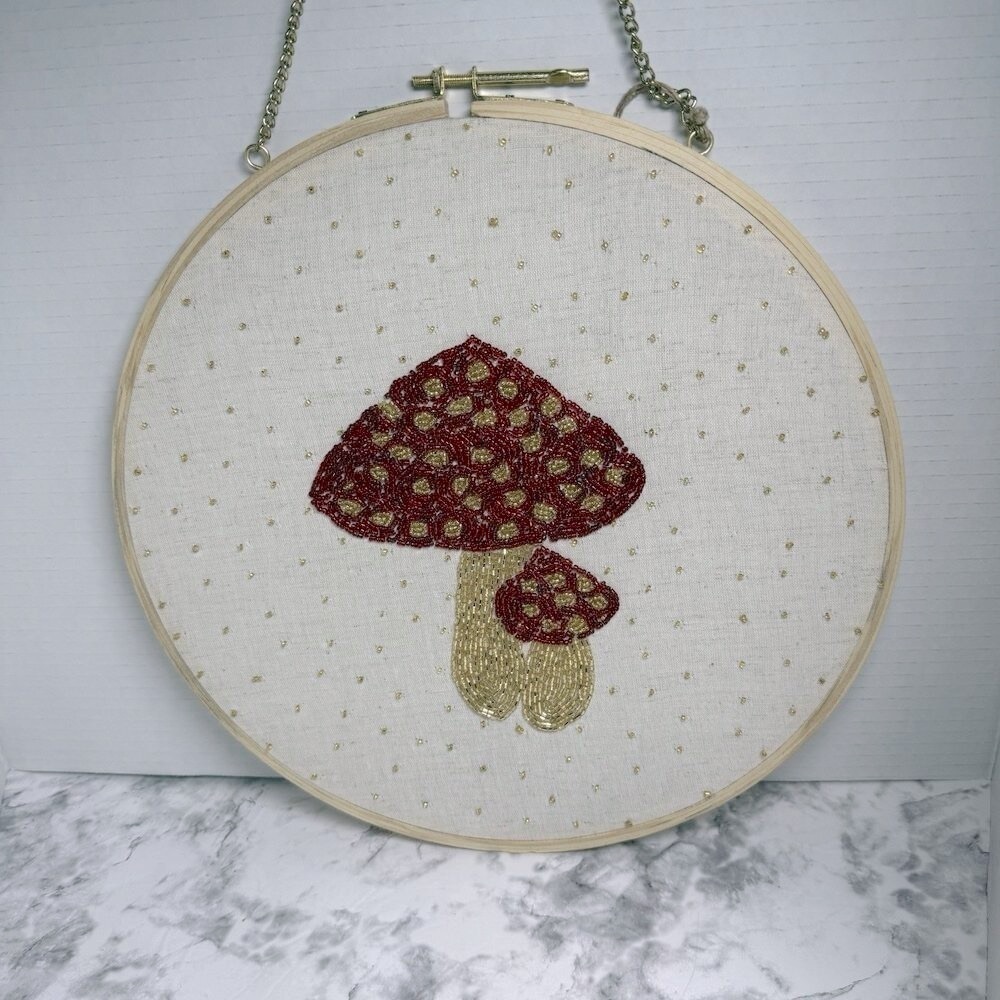 Handmade in India Beaded Embroidery Mushrooms 12 1/2" Hoop New Boho Wall Decor